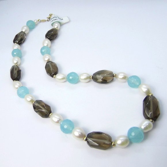 14KY Chalcedony Pearl Smoky Quartz Gold NECKLACE - Picture 10 of 11